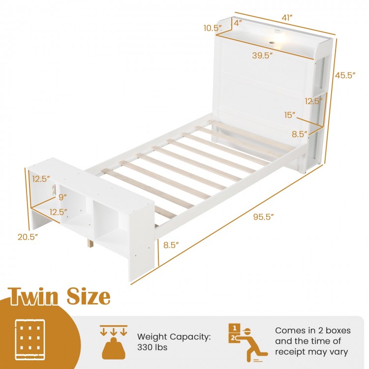 Twin size bed frame with storage headboard, USB ports, and adjustable LED lights for modern bedroom convenience.