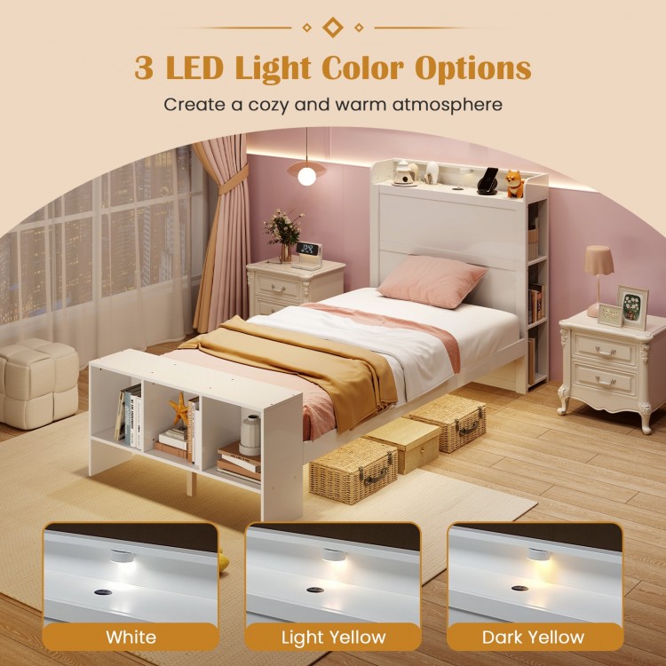 Twin size bed frame with storage headboard, USB ports, and adjustable LED lights in a cozy bedroom setting.