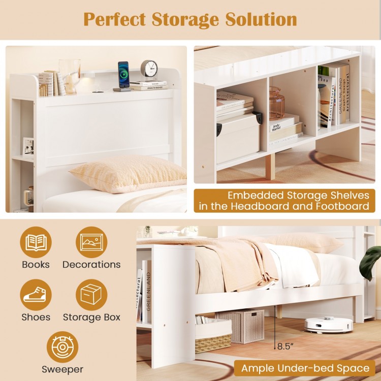 Twin size bed frame with storage headboard, USB ports, and adjustable LED lights for books and essentials.
