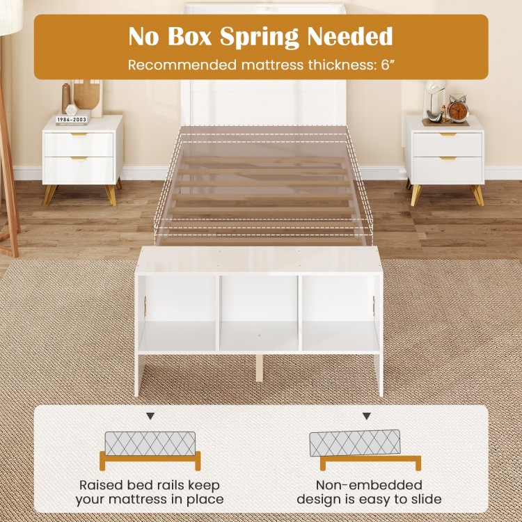 Twin size bed frame with storage headboard, USB ports, and adjustable LED lights, designed for stability without a box.