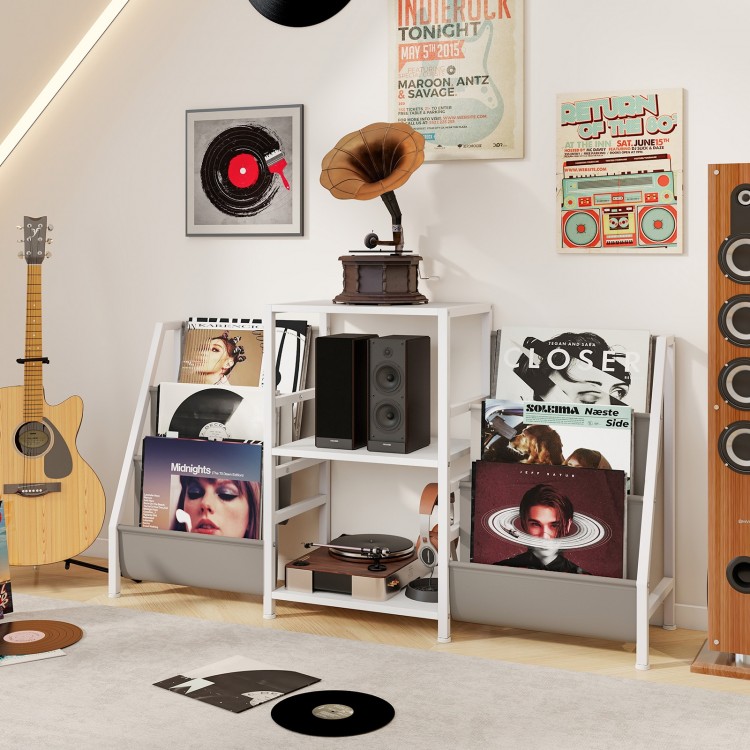 Record player stand in white with 3 shelves, holding vinyl albums and a turntable, ideal for music lovers' spaces.