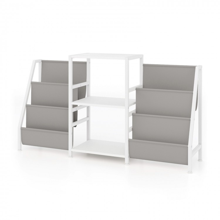 Record player stand in white with 3 shelves and 6 storage pockets, holds up to 200 albums for versatile use.