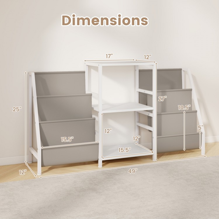 Dimensions of the white record player stand with 3 shelves and 6 storage pockets for up to 200 albums.