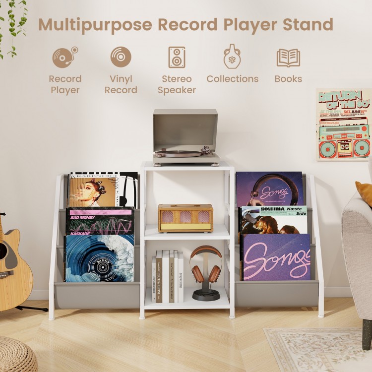 Record player stand in white with three shelves, designed to hold up to 200 albums for versatile home use.