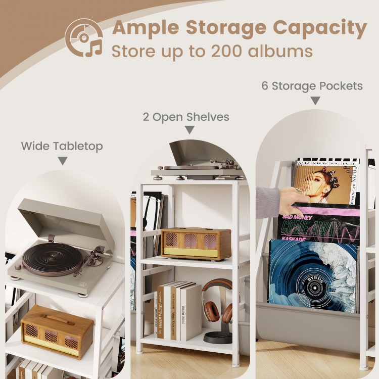 Record player stand with wide tabletop, 2 open shelves, and 6 storage pockets for up to 200 albums.