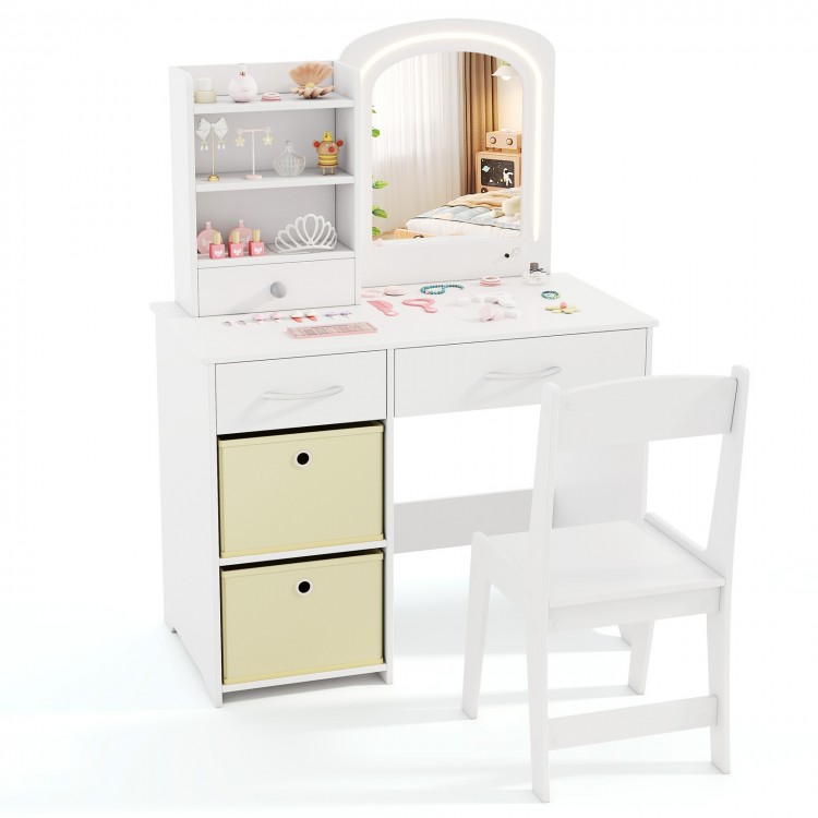 Kids vanity set featuring a lighted mirror, white makeup desk, and chair with storage drawers for creative activities.