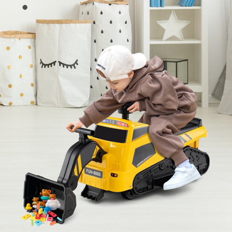 Yellow 6V ride-on tractor excavator with adjustable arms, music panel, and non-slip tires for kids' fun and safety.
