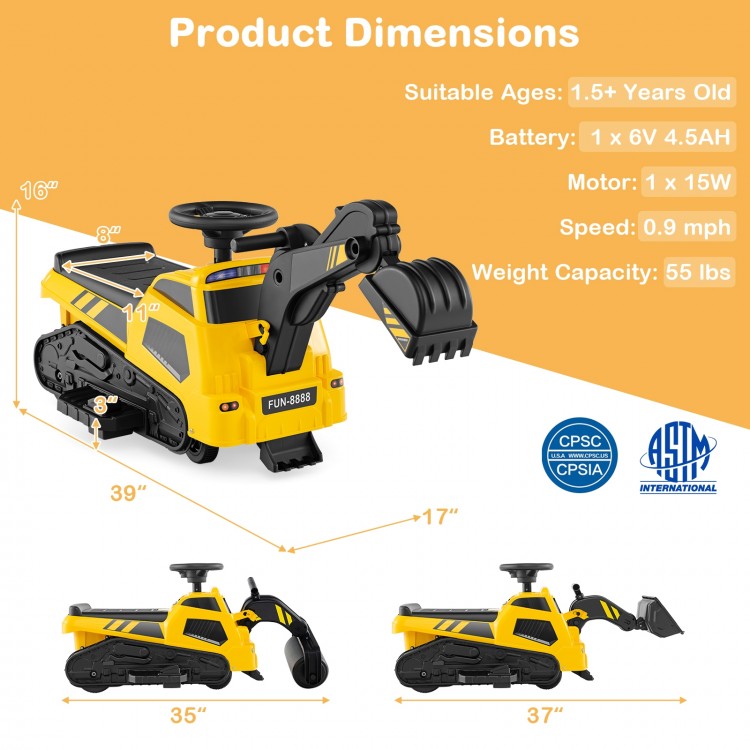 Dimensions of the 6V Ride on Tractor electric excavator in yellow, suitable for kids over 1.5 years old, with.