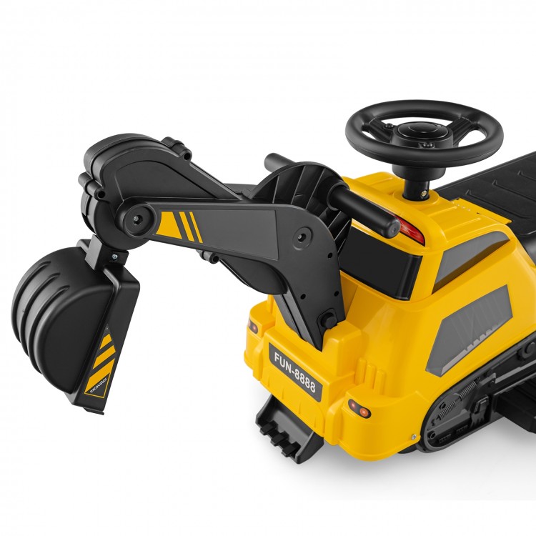 Yellow 6V ride-on excavator with adjustable arms, steering wheel, and music panel for kids' outdoor fun.
