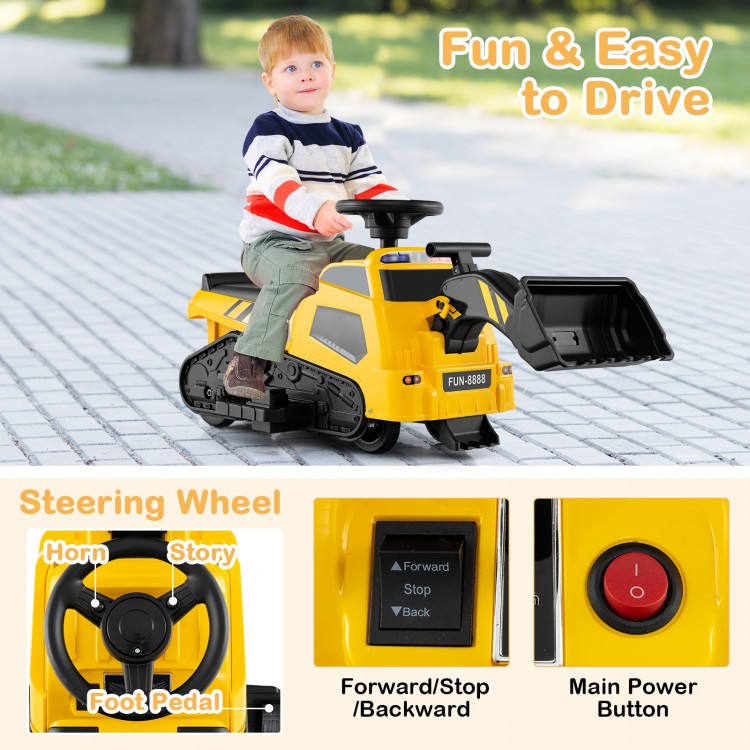 Yellow 6V ride-on tractor with adjustable arms, foot pedal, and music panel for kids aged 1.5 years and older.