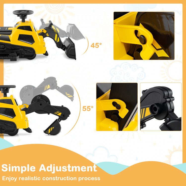 Adjustable arms of the 6V ride-on tractor excavator in yellow, showcasing 45° and 55° positions for enhanced play.