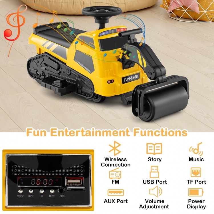 Yellow 6V ride-on tractor excavator with adjustable arms, music features, and a media panel for kids' fun.