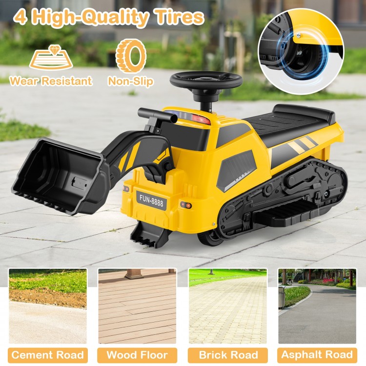 Yellow 6V ride-on tractor excavator with adjustable arms, non-slip tires, suitable for various surfaces.