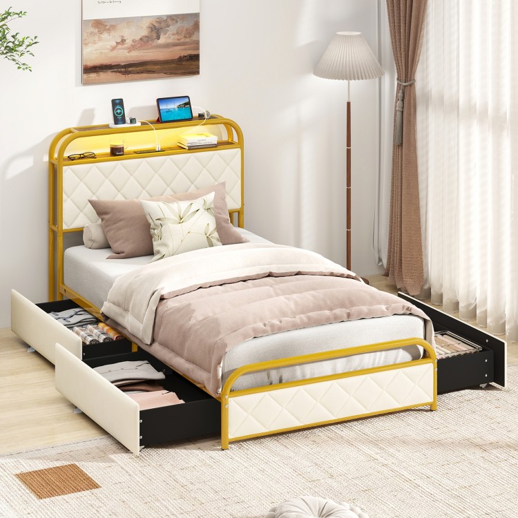 Twin size bed frame in gold with LED lights, charging station, and storage drawers for a modern bedroom setup.