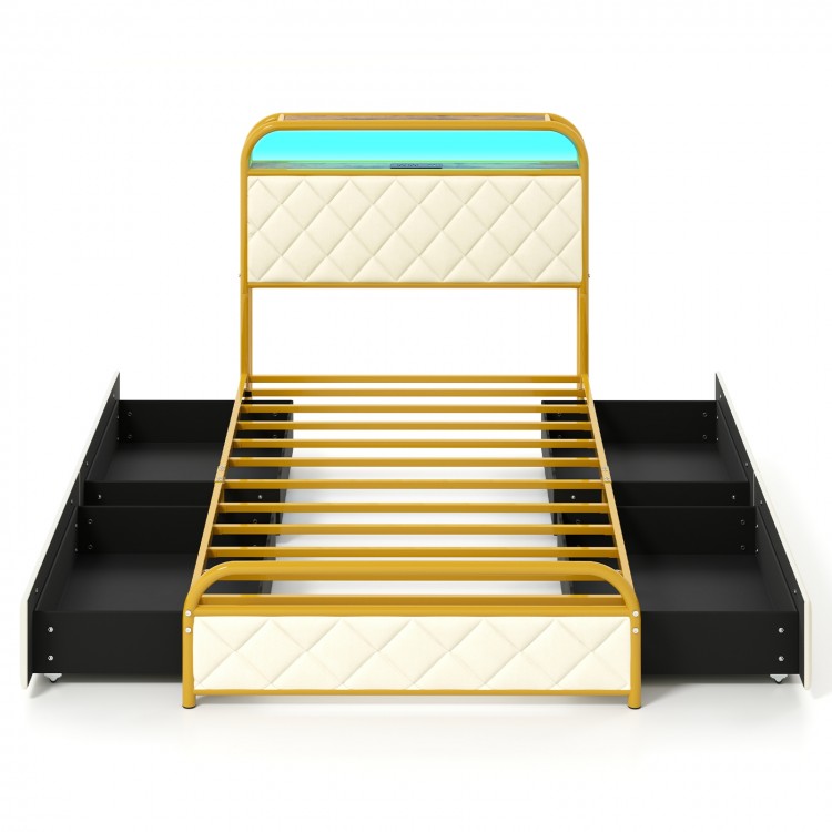 Twin size bed frame in gold with LED lights, upholstered headboard, and storage drawers for a modern bedroom setup.