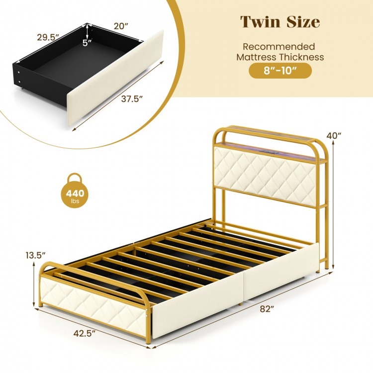 Twin size bed frame in gold featuring a slatted design and adjustable LED lights for a stylish and functional bedroom.
