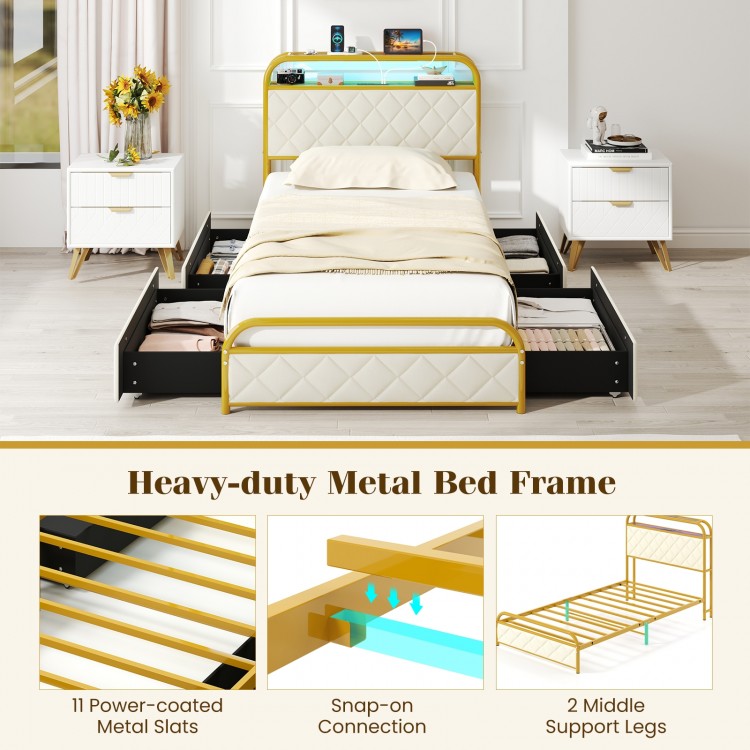 Gold twin size bed frame showcasing the integrated power strip and adjustable LED lights for enhanced bedroom.