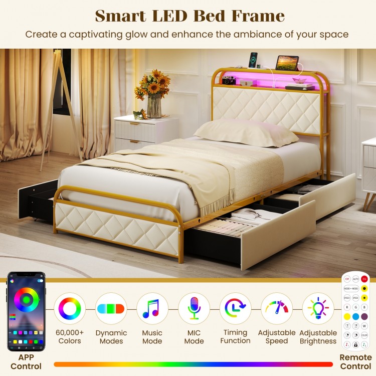 Twin size bed frame with LED lights, gold finish, and integrated charging station for a modern bedroom setup.