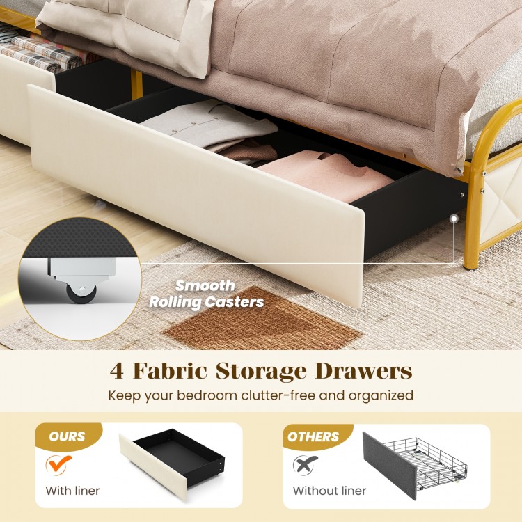 Twin size bed frame with 4 fabric storage drawers and smooth rolling casters for organized bedroom space.