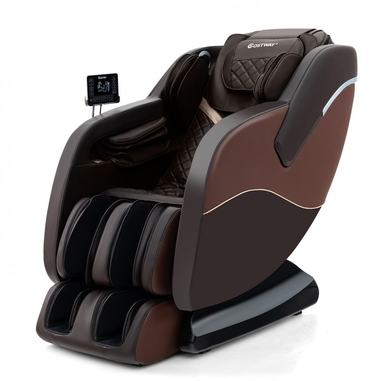 Full body massage chair in brown with 28 airbags, heater, and LCD touch screen for ultimate relaxation and comfort.