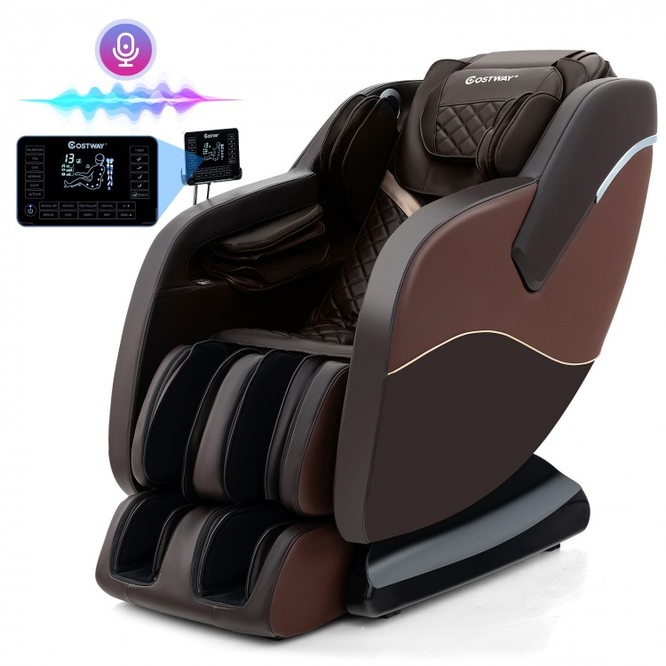 Brown full body massage chair featuring 28 airbags, voice control, and a waist heater for ultimate relaxation.