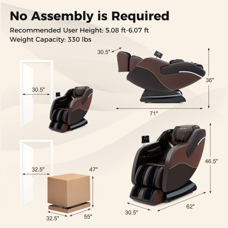 Full body massage chair in brown with 28 airbags, heater, and dual electric actuators for ultimate relaxation.