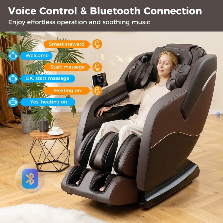 Full body massage chair in brown with airbags and heater, featuring voice control and Bluetooth for soothing music.