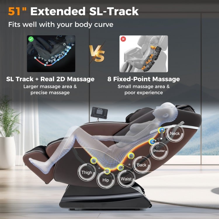 Full body massage chair in brown with 51" SL track, 28 airbags, and waist heater for ultimate relaxation.
