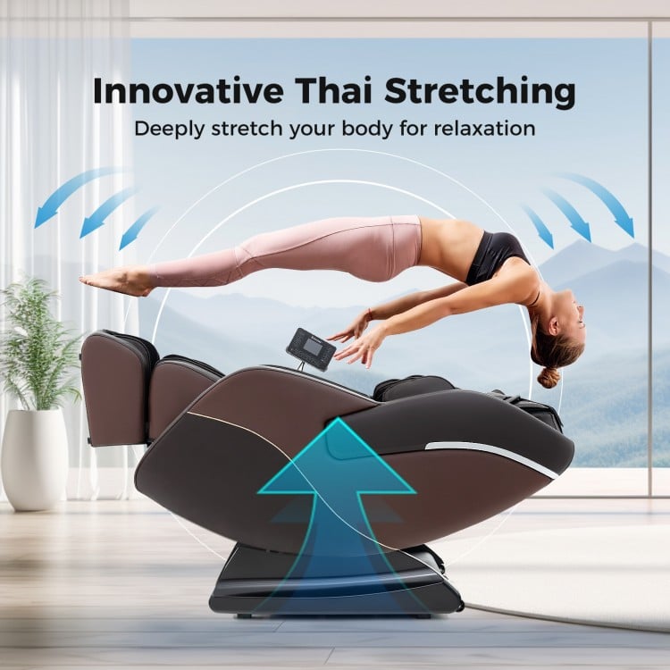 Full body massage chair in brown featuring innovative Thai stretching for deep relaxation and adjustable positions.