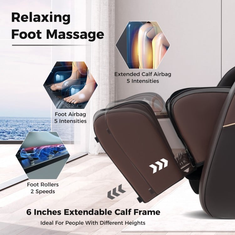 Foot massage chair detail showing extended calf frame, airbags, and foot rollers for customizable relaxation and.