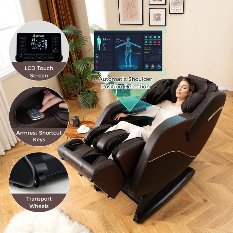 Full body massage chair in brown with LCD touch screen, airbags, and heater for ultimate relaxation and convenience.