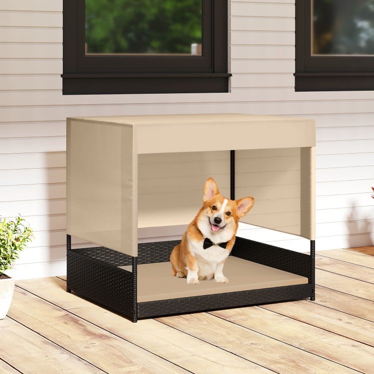 Elevated wicker dog house in black with removable cushion, suitable for small to medium breeds, for indoor and outdoor.