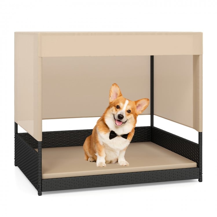 Elevated wicker dog house in black with removable cushion and sun-proof canopy, perfect for small to medium breeds.