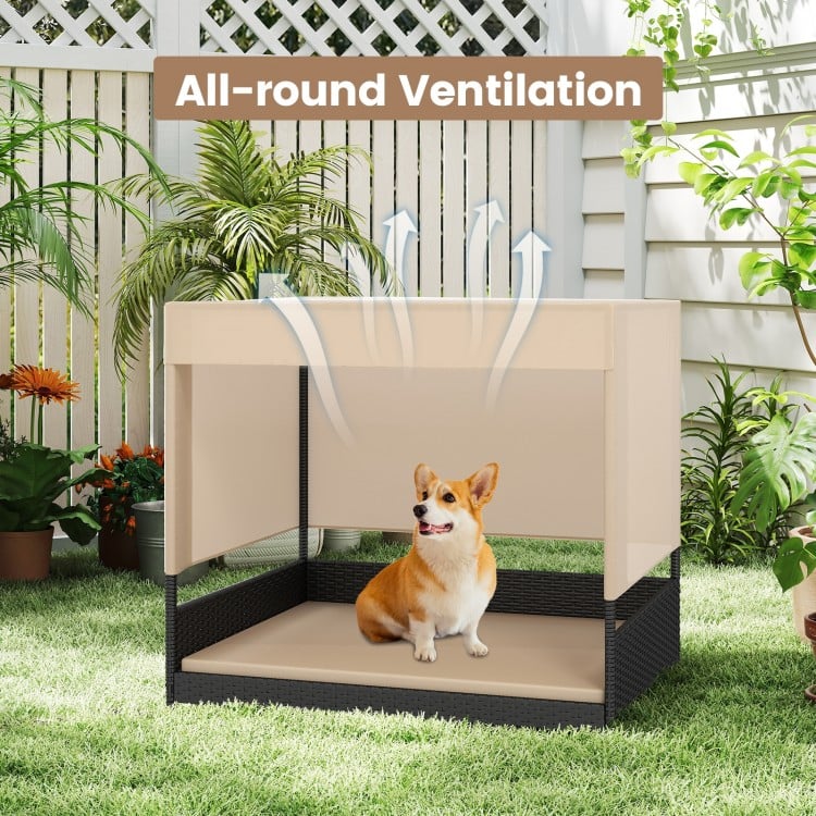 Elevated wicker dog house for small to medium breeds with removable cushion, sturdy frame, and all-round ventilation.