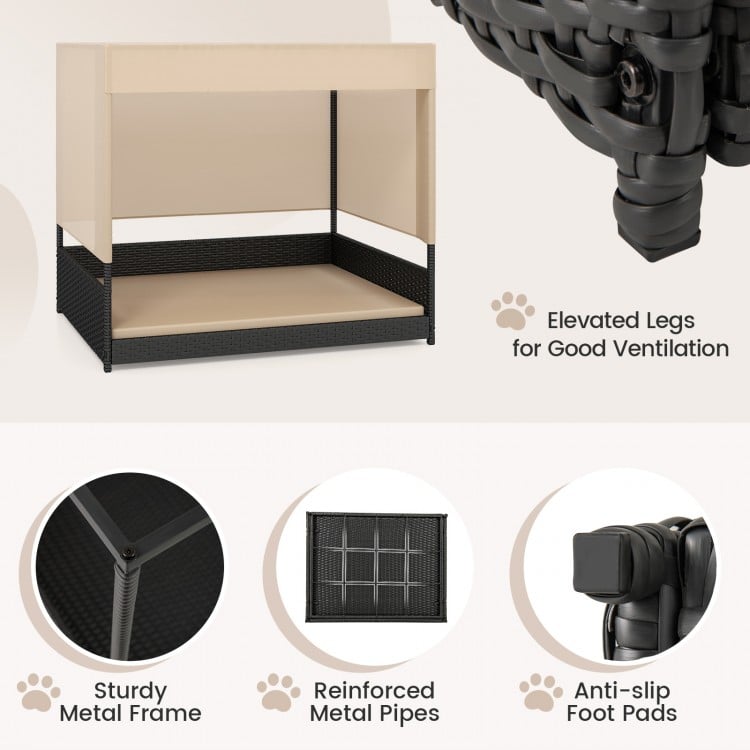Elevated wicker dog house in black with removable cushion, sturdy metal frame, and anti-slip foot pads for comfort.