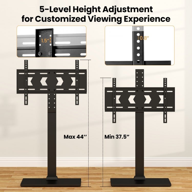 Height adjustable TV stand for 32-70 inch TVs with 5-level height adjustment and extra AV shelf for storage convenience.