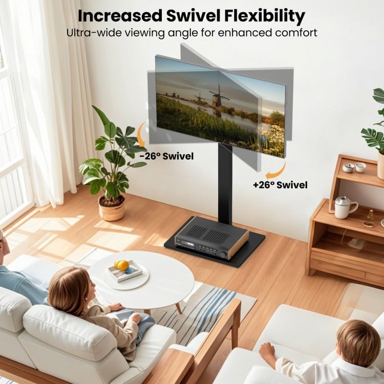 Height adjustable TV stand for 32-70 inch TVs with 26° swivel, extra AV shelf, and cable management for a tidy setup.