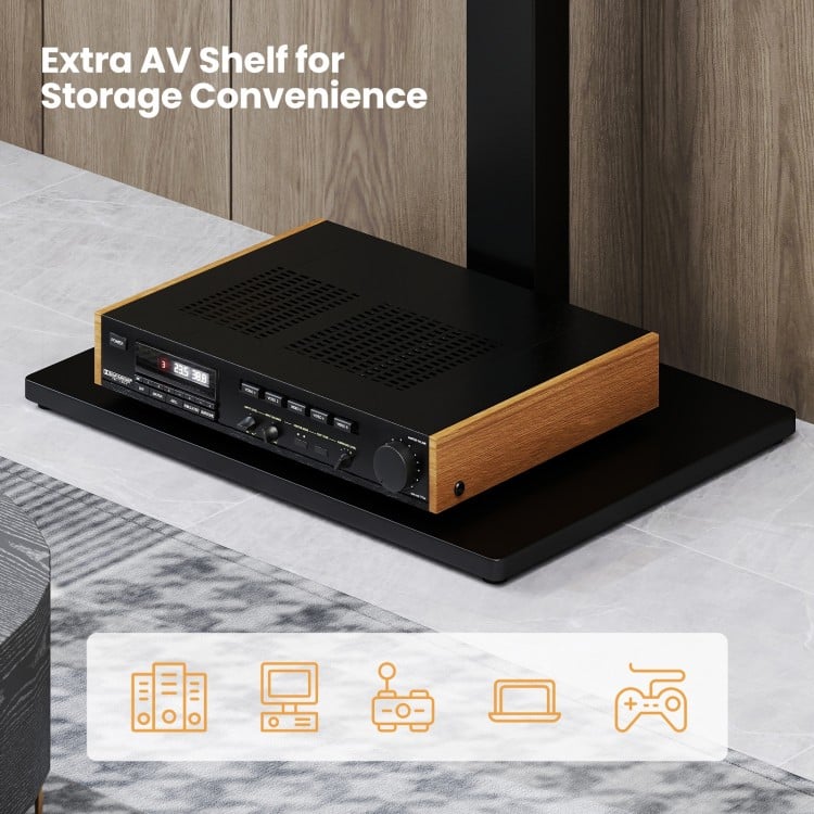 Height adjustable TV stand with AV shelf, designed for 32-70 inch TVs, offering storage convenience and cable.