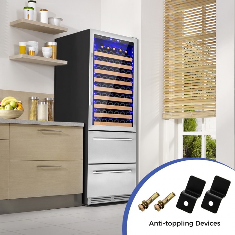24-inch silver wine and beverage refrigerator with dual cooling zones, 108-bottle capacity, and LED lighting for.