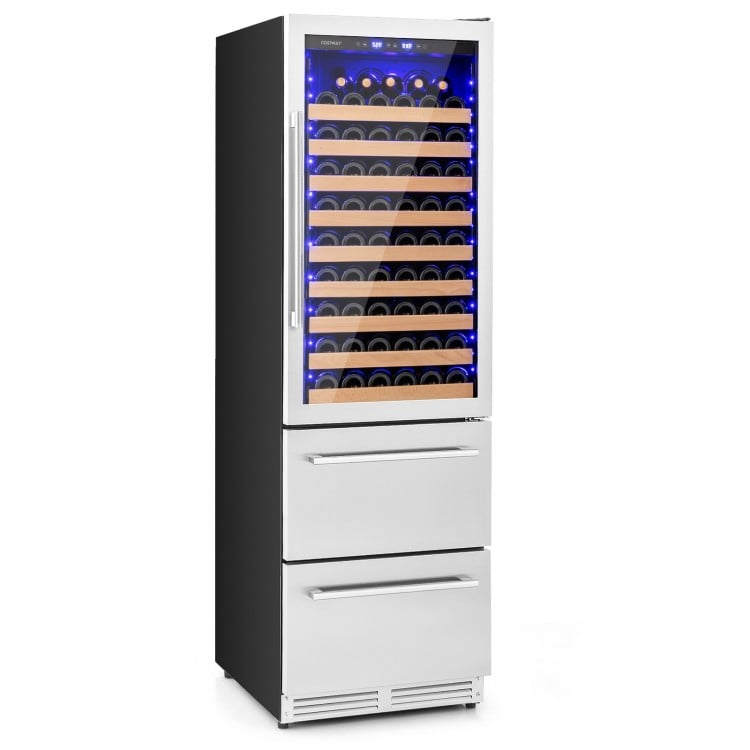 24-inch wine and beverage refrigerator with dual cooling zones, 108-bottle capacity, and sleek stainless steel design.