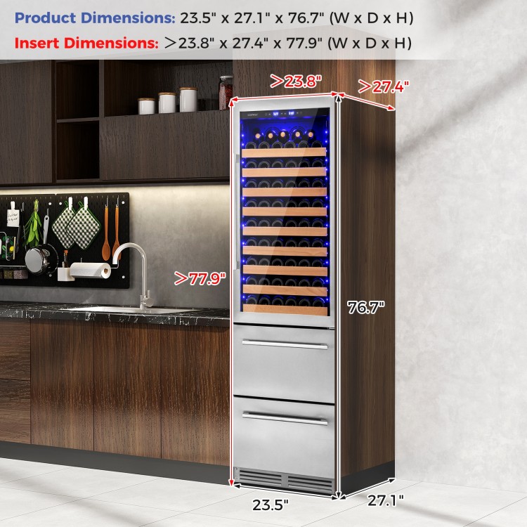 24-inch silver wine and beverage refrigerator with dual cooling zones, holding 108 bottles and 175 cans, for stylish.