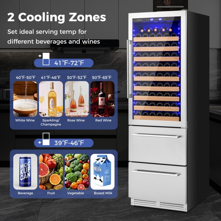 24-inch silver wine and beverage refrigerator with 2 cooling zones, holding 108 bottles and 175 cans for optimal.