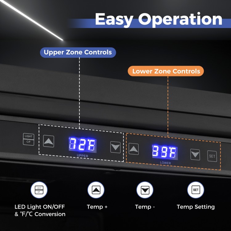 Upper and lower zone controls of the 24-inch wine and beverage refrigerator with LED display for easy temperature.