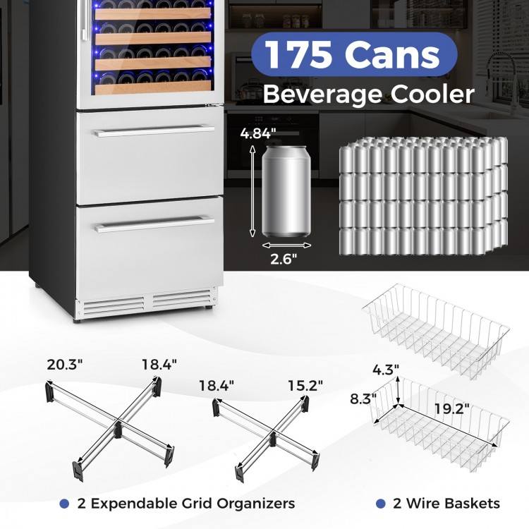 24-inch silver beverage cooler with dual temperature zones, holding 175 cans and featuring expandable organizers.
