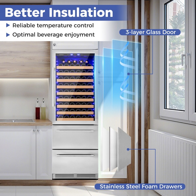 24-inch silver wine and beverage refrigerator with 3-layer glass door, featuring dual cooling zones and ample storage.