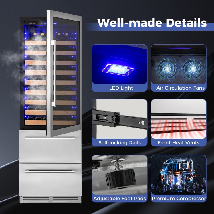 24-inch silver wine and beverage refrigerator showcasing LED light, adjustable foot pads, and self-locking drawer rails.