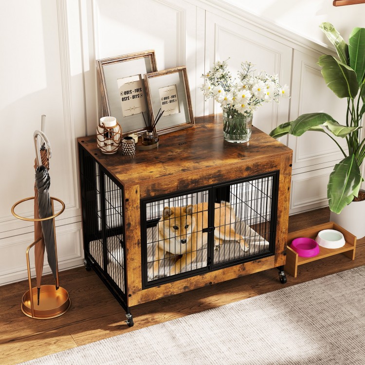 Industrial dog kennel in rustic brown with flip-up top, lockable doors, and removable tray for easy cleaning and access.