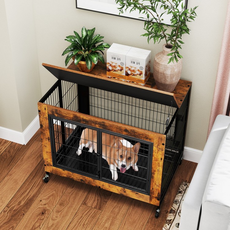 Industrial dog kennel in rustic brown with flip-up top, featuring three lockable doors and removable tray for easy.