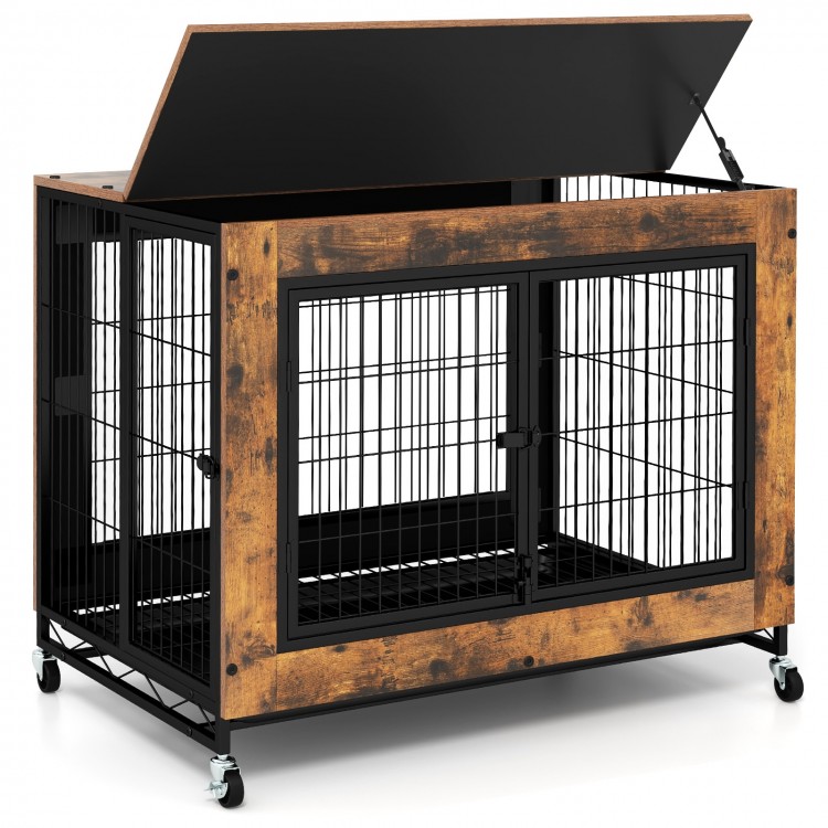 Industrial dog kennel in rustic brown with flip-up top, three lockable doors, and removable tray for easy cleaning.