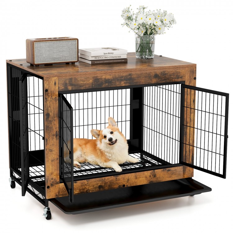 Industrial dog kennel in rustic brown with spacious tabletop, three lockable doors, and removable tray for easy pet.